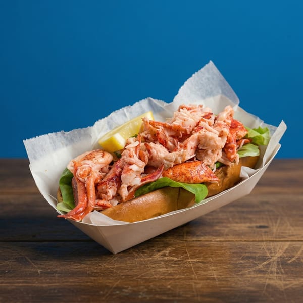 A lobster roll with lettuce and a lemon wedge, served in a paper tray on a wooden table.