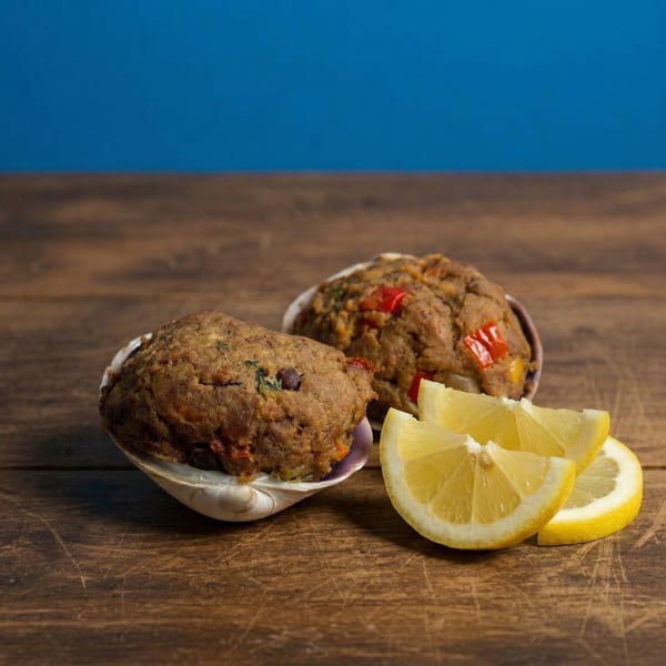 Two stuffed clams with red peppers and lemon wedges on a rustic wooden table.
