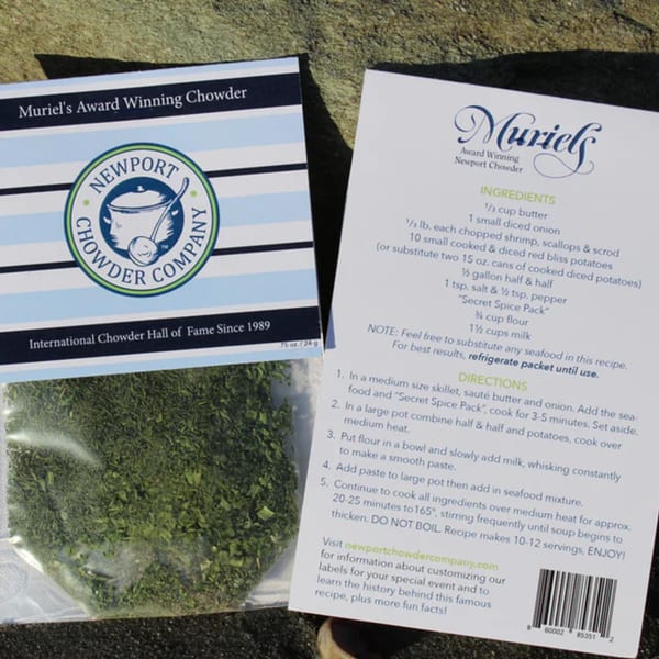 Muriel's Award Winning Newport Chowder spice packet and recipe card on a dark, textured surface.