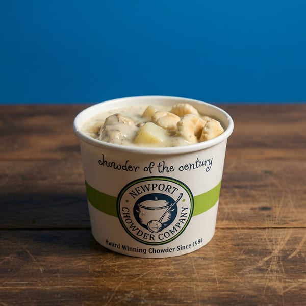 Newport Chowder Company cup filled with creamy chowder and crackers on a wooden table.