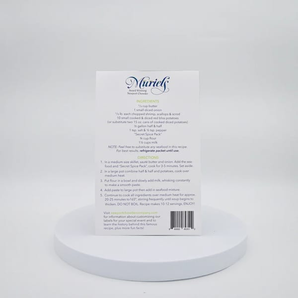 A white recipe card for Muriel's Award Winning Newport Chowder, with ingredients and directions.