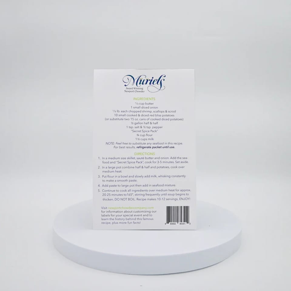 A white recipe card for Muriel's Award Winning Newport Chowder, with ingredients and directions.